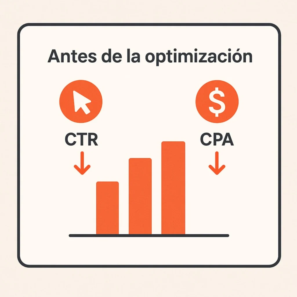 Panel de métricas de Meta Ads mostrando resultados iniciales antes de optimizar