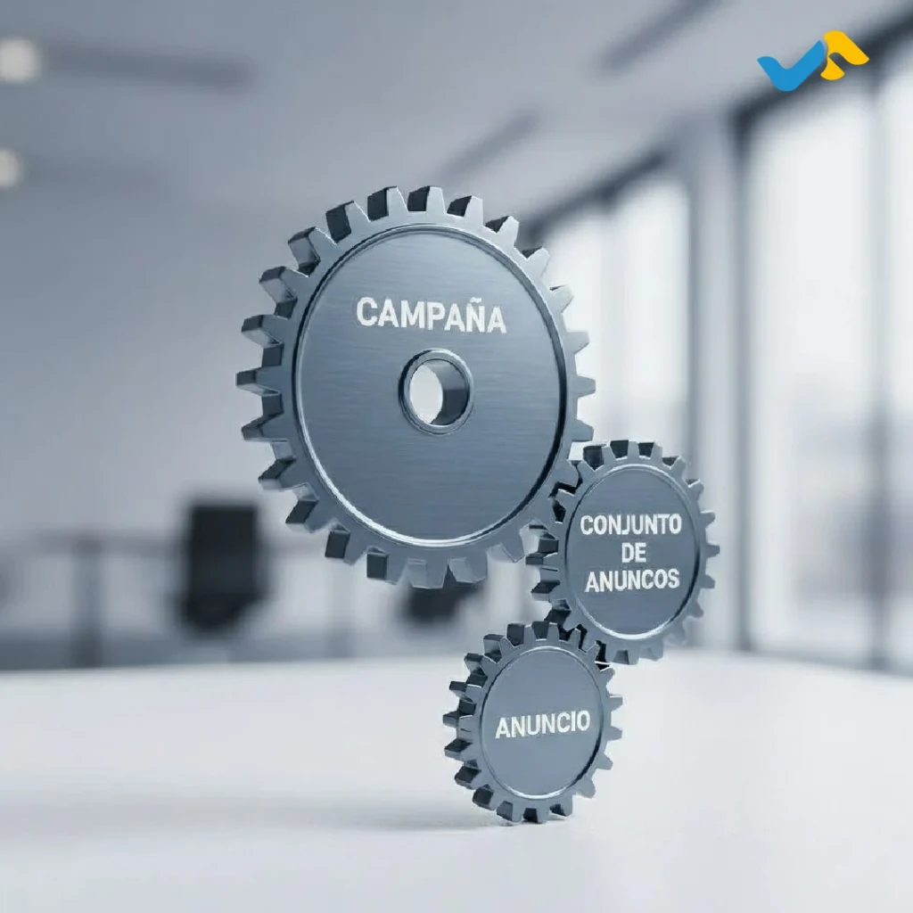 Diagrama de la estructura de campañas y conjuntos de anuncios en Facebook Ads.