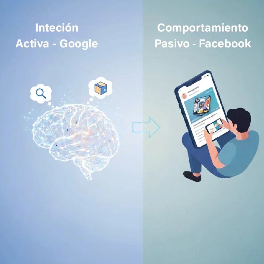 Comparativa de audiencias: Intención activa (Google Ads) vs. Comportamiento (Facebook Ads).