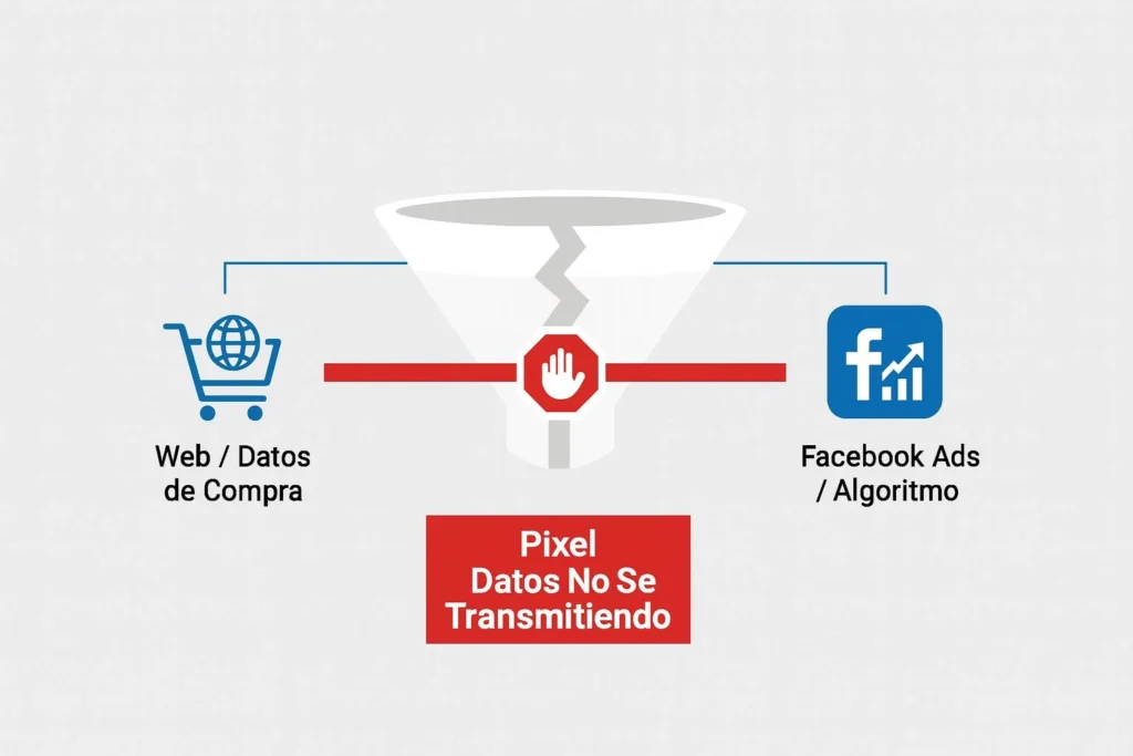 Diagrama de un Pixel de Facebook mal configurado, un Error en Facebook Ads que afecta la conversión.