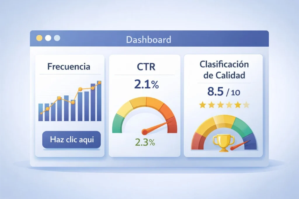 Dashboard de Optimización de Conversiones en Meta Ads mostrando Clasificación por Tasa de Engagement y Frecuencia.