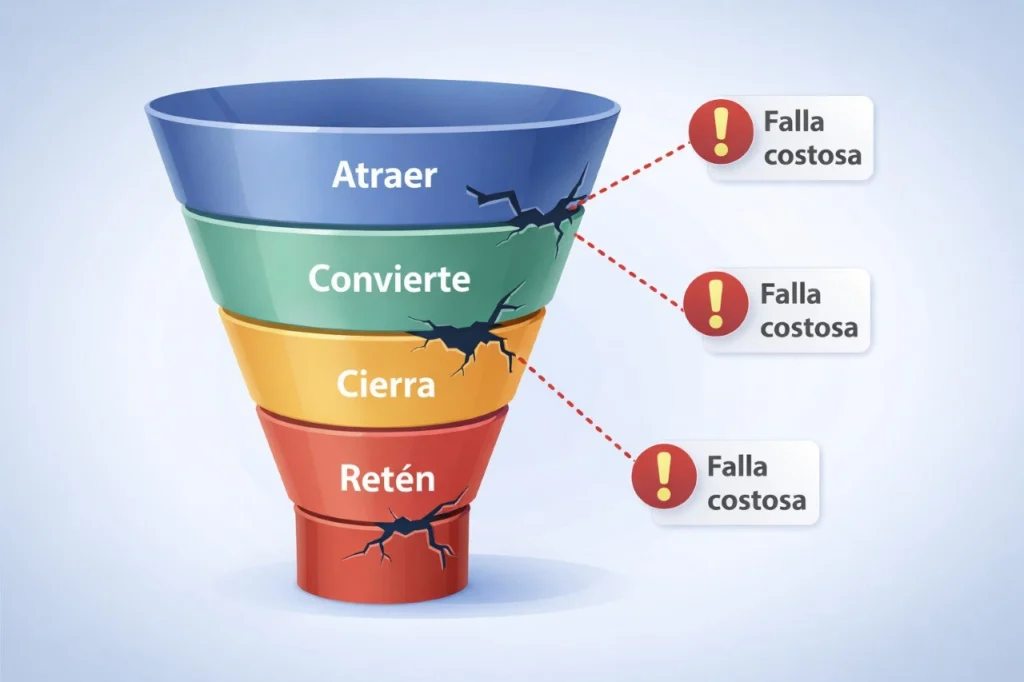 Diagrama de Fugas Críticas en el Embudo de Conversiones en Meta Ads: Píxel defectuoso y Exclusión de Audiencias.