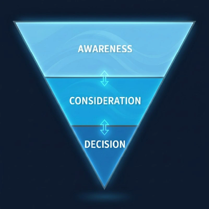 Diagrama de las 3 Etapas del Mapa de Contenido para Venta: Conciencia, Consideración y Decisión.