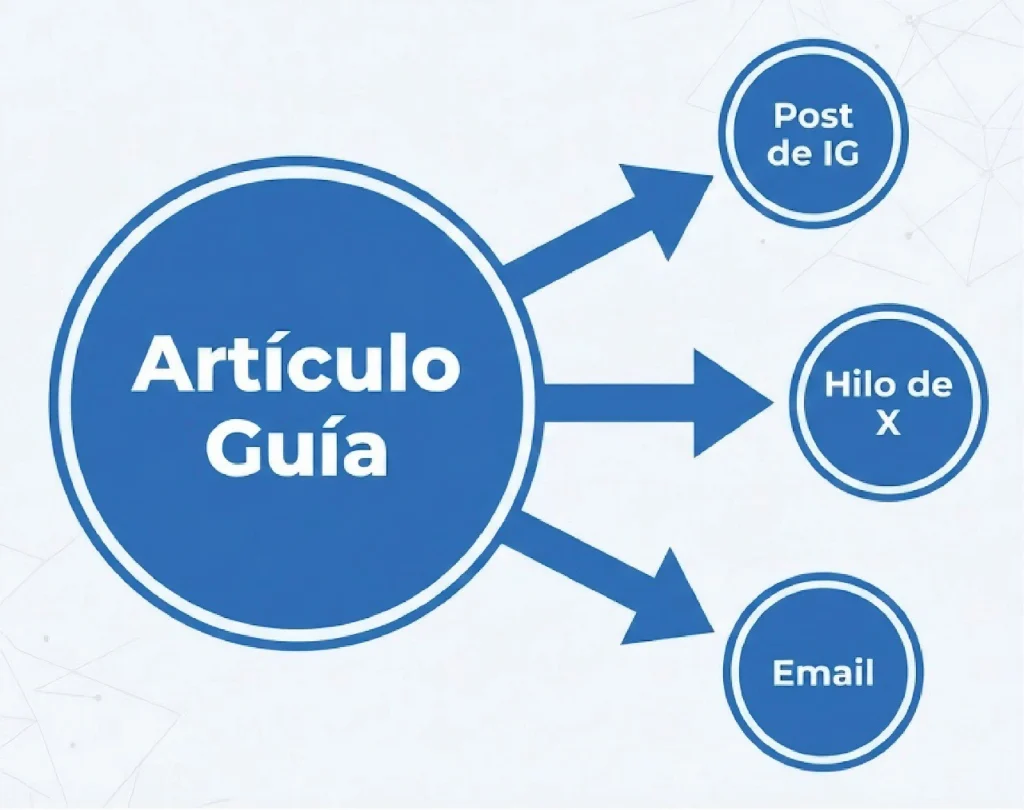 Diagrama del Centro de Contenido (Hub & Spoke) para generar 5 piezas a partir de una Pieza Maestra.