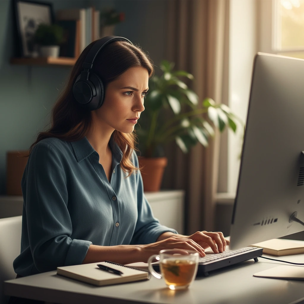 Persona en estado de foco y flujo productivo, usando auriculares, aplicando el Método 60-Minutos.