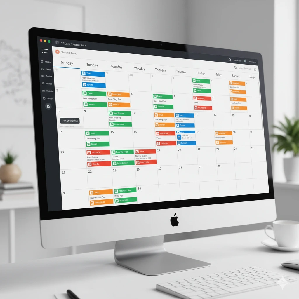 Interfaz de una herramienta de programación mostrando 7 días de contenido programado de forma consistente.