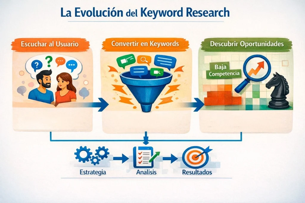 Diagrama estratégico que muestra análisis de usuario, long tail keywords y brechas de competencia como un sistema integrado.
