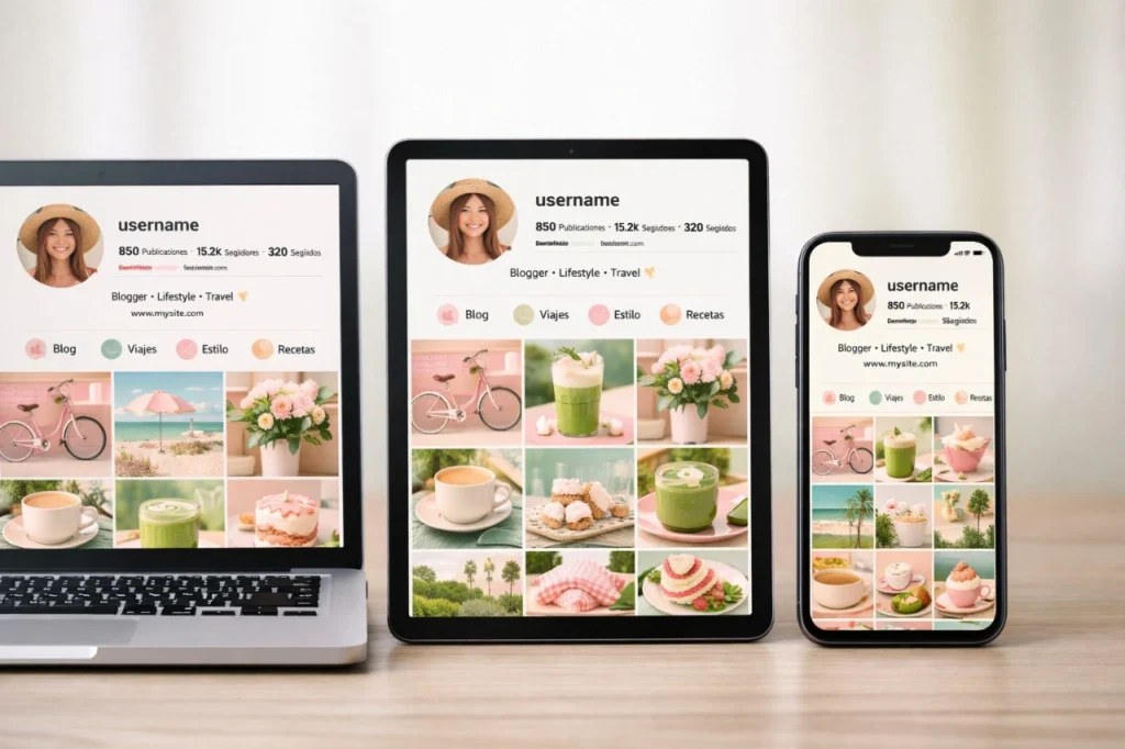 Branding en redes sociales coherente: varios dispositivos (portátil, tablet, móvil) mostrando el mismo perfil de Instagram con la misma paleta de colores pastel y tipografía, aumentando el branding en redes sociales y el reconocimiento.