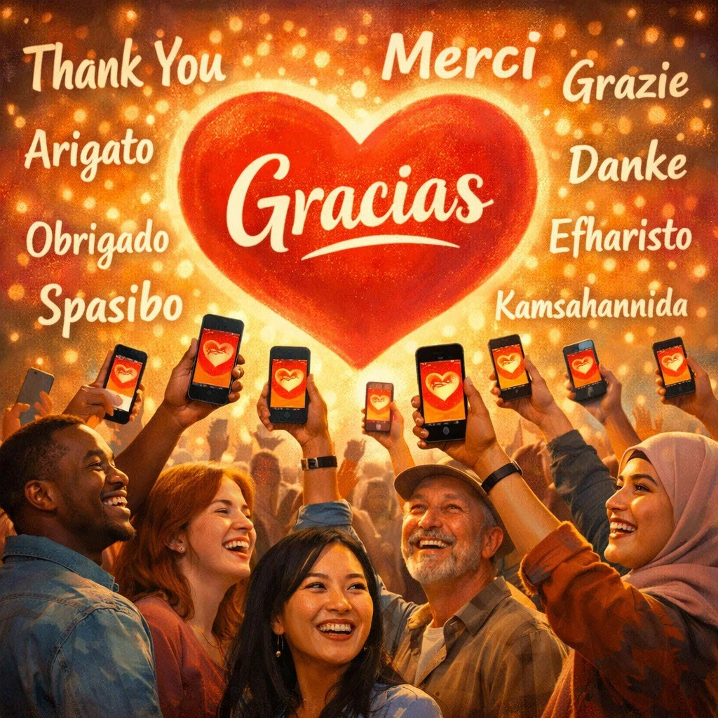 Comunidad de marca unida alrededor de una pantalla gigante que dice "Gracias", simbolizando el éxito del contenido para marcas al convertir clientes en una comunidad fiel mediante una buena estrategia de contenidos.