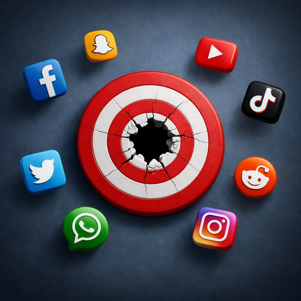 Marketing de contenidos digital sin rumbo: un embudo de ventas roto y vacío en el centro de una diana, rodeado de logos de redes sociales (TikTok, IG, YouTube) flotando sin orden, representando el error de crear contenido para marcas sin un "por qué".