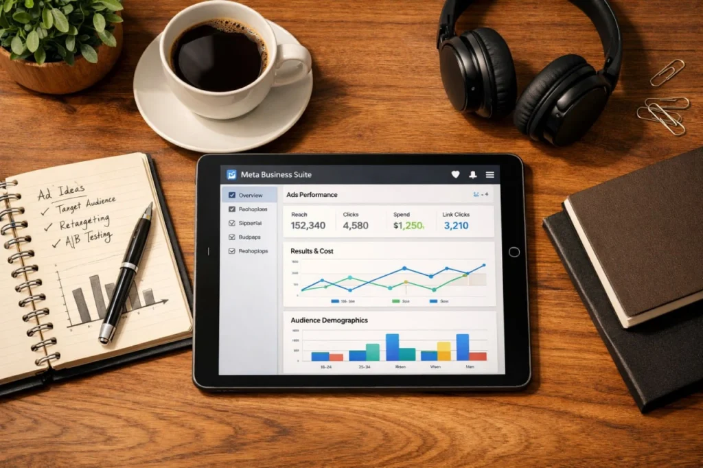 Proceso de creación de contenido para anuncios en Facebook para negocios con materiales de diseño