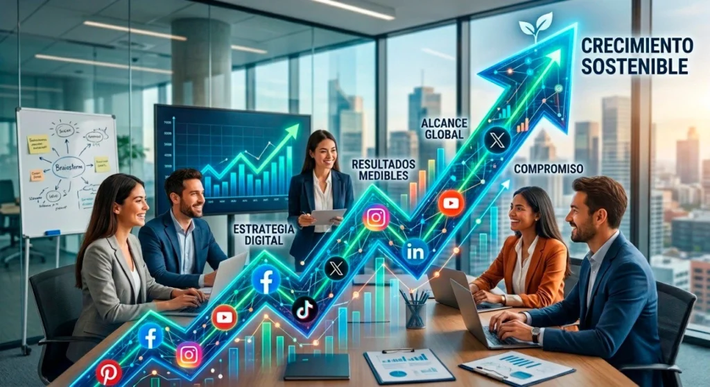 Creación de contenido y gestión en redes sociales con análisis de métricas y crecimiento empresarial