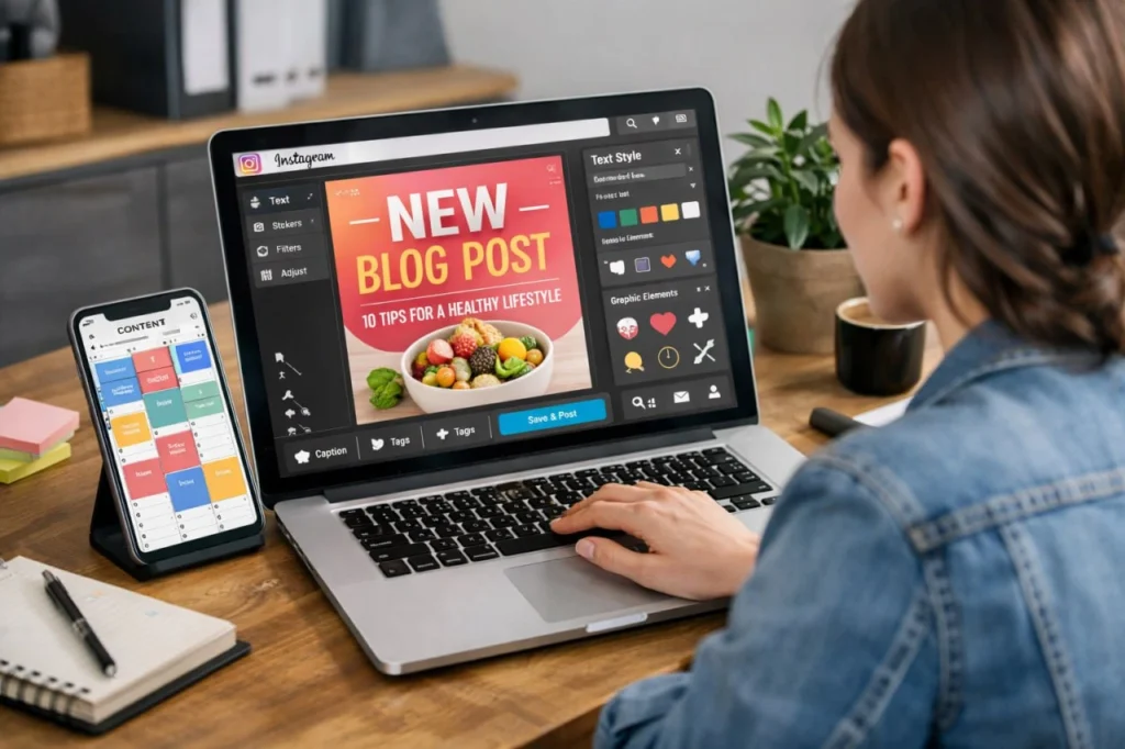 creación de contenido para crecimiento de negocios online en redes sociales desde computadora