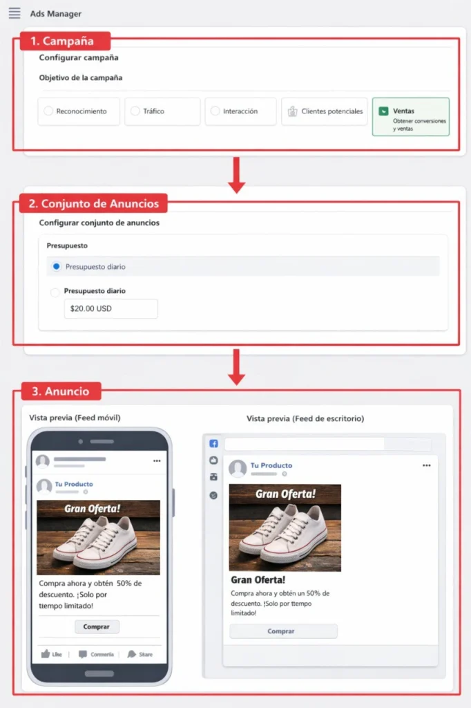 Cómo crear campañas en FB Ads correctamente, mostrando la estructura de campaña, conjunto de anuncios y anuncio en el administrador.