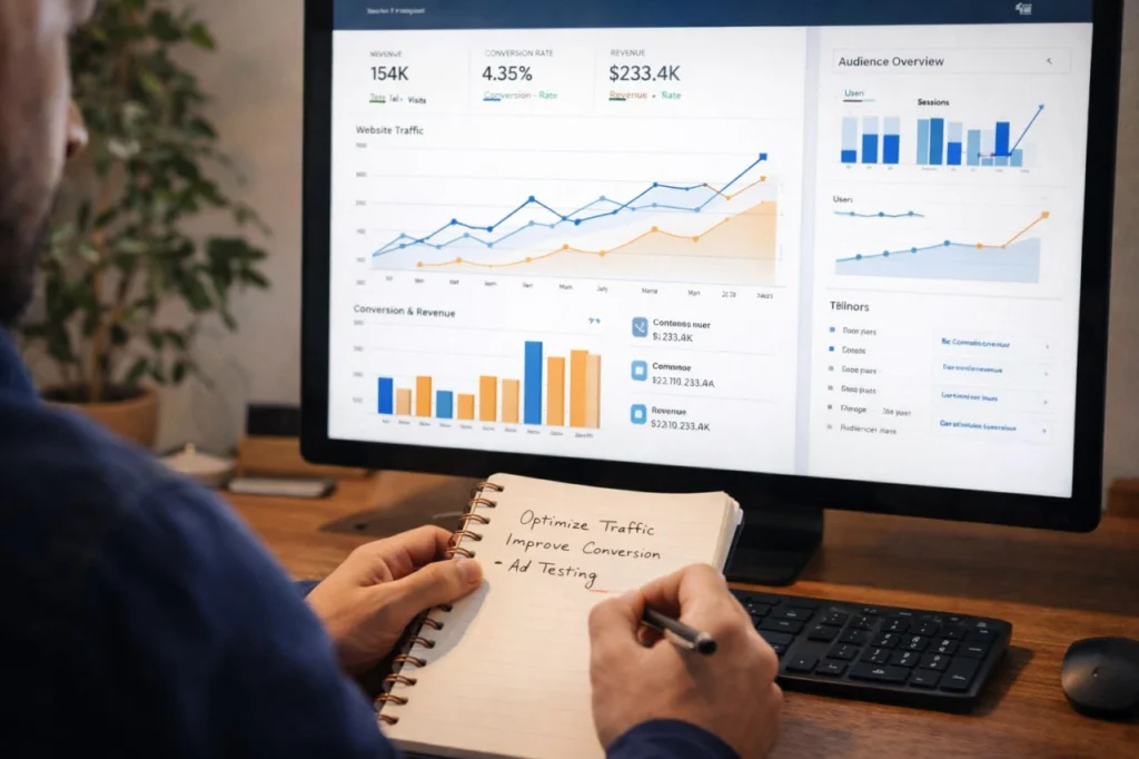 Analista revisando métricas para optimizar estrategias de Facebook Ads en un ordenador de escritorio