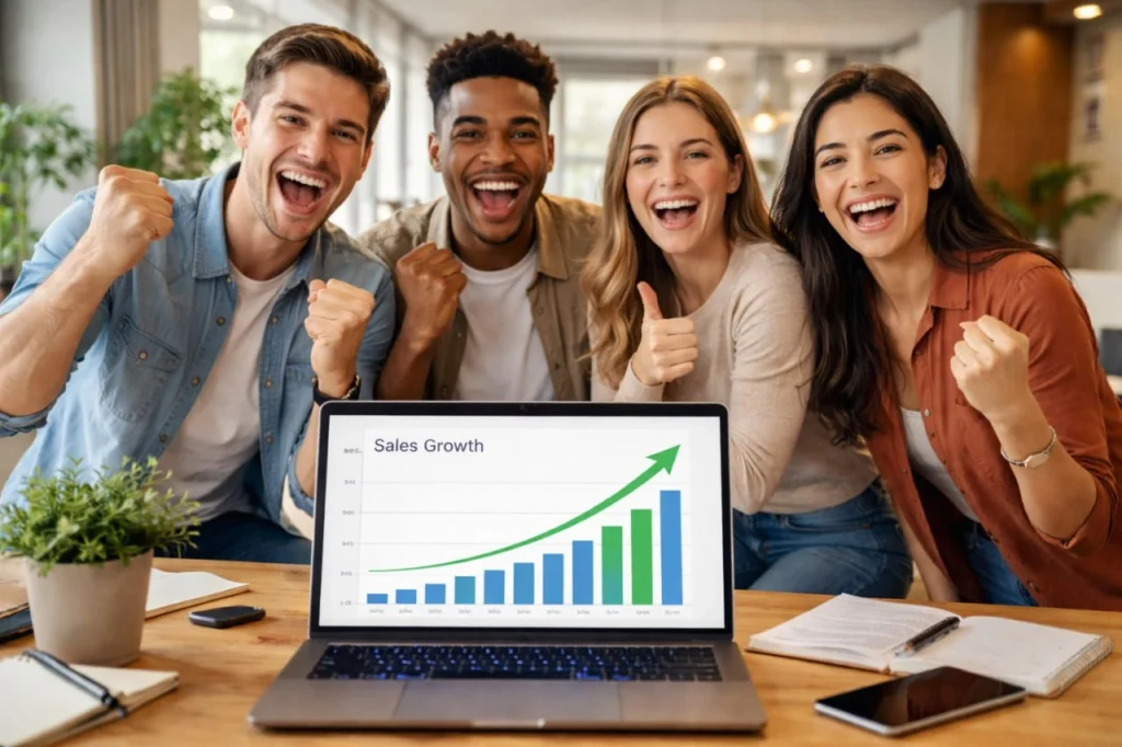 Equipo celebrando el éxito de sus campañas de Facebook Ads con un aumento en las ventas