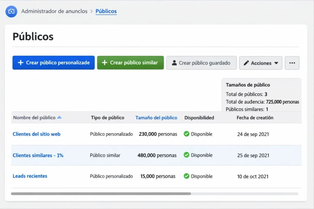 Segmentación de anuncios en Facebook mostrando públicos personalizados, lookalikes y exclusión de audiencias en el panel de configuración.