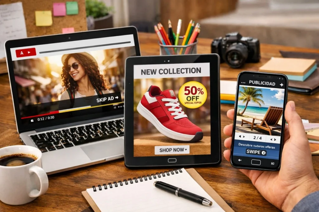 Formatos de anuncios en Facebook con imagen, video y carrusel para creación de contenido efectiva