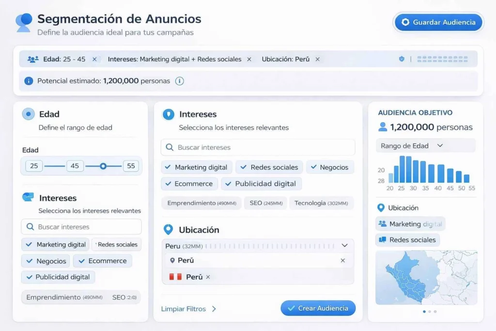 Segmentación detallada Facebook Ads Perú intereses ubicación